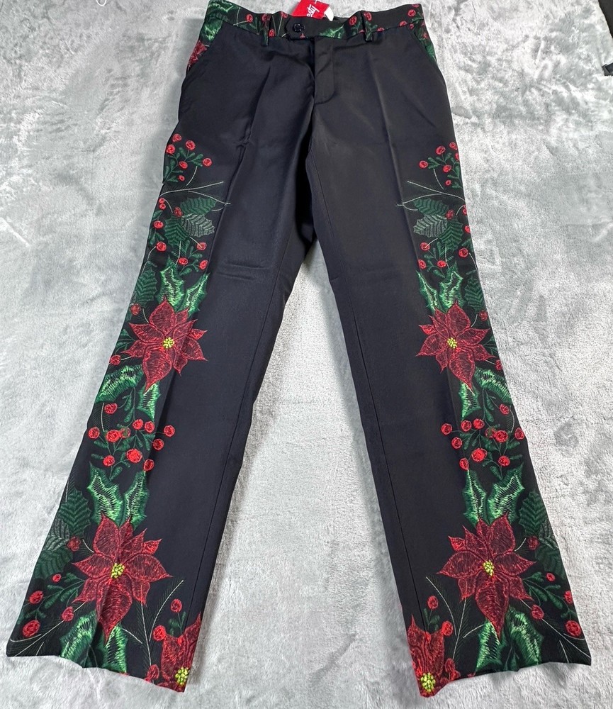 Shinesty Mens Poinsettia Suit Pants SIZE 32 X 31 Black Red Christmas Holiday New