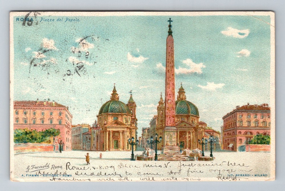 Italy- Rome People's Square Vatican Obelisk Souvenir Old Vintage c1909 Postcard