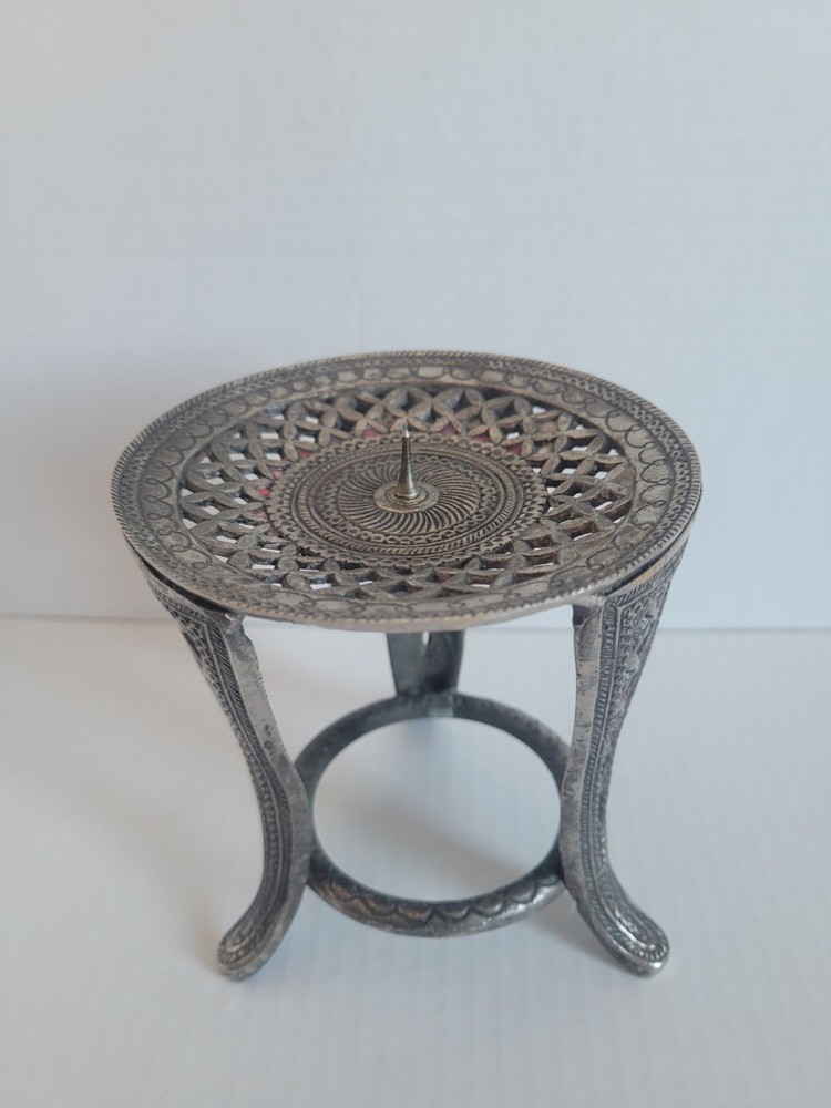 Vtg Candle Holder Cast Metal Silvertone Pillar Small Stand 5