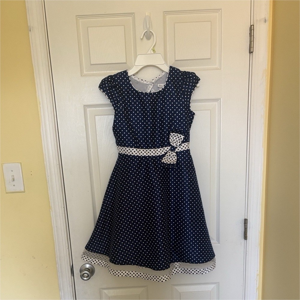 Jona Michelle Girls Fit & Flare Navy Polka Dot Dress Bow Accent Size 10