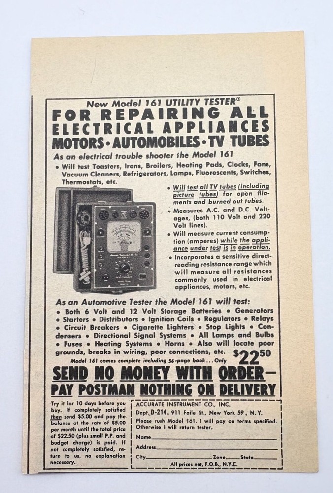 Accurate Instrument Co Vintage Mini Print Ad 60s Repairing Electrical Appliances-image