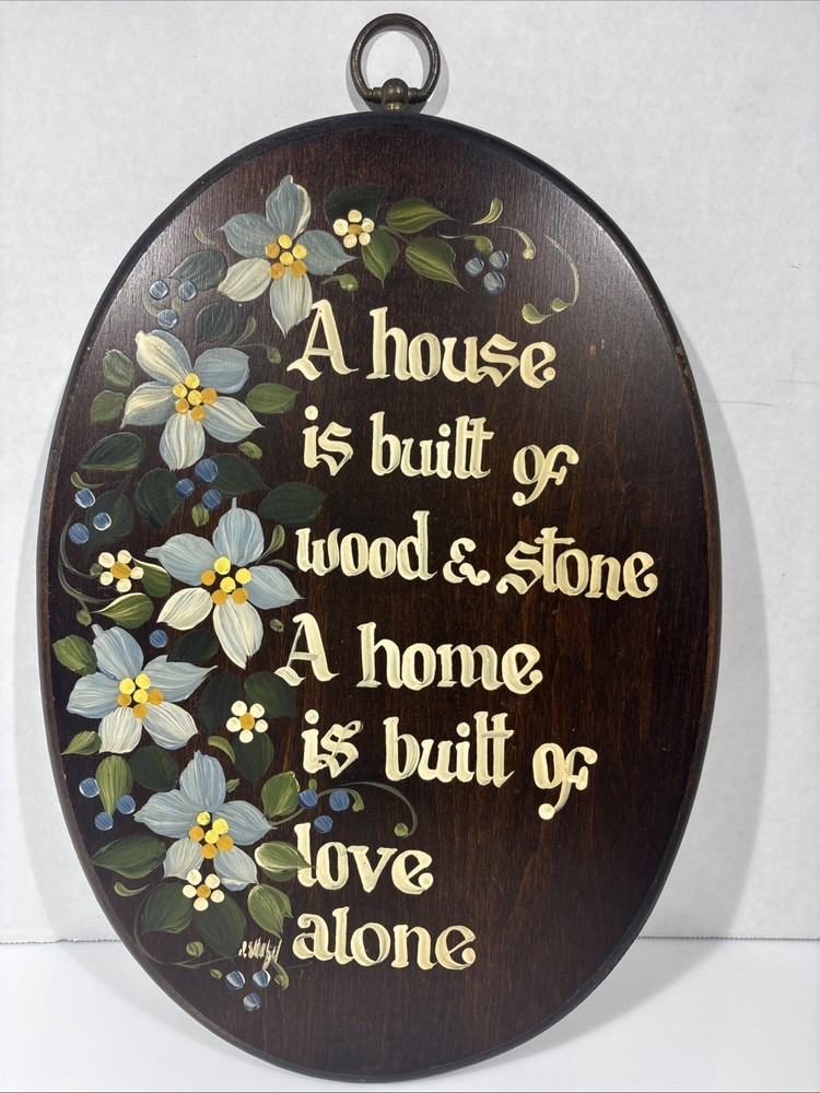 Vintage Hand Painted Wood Oval Wall Plaque With Flowers