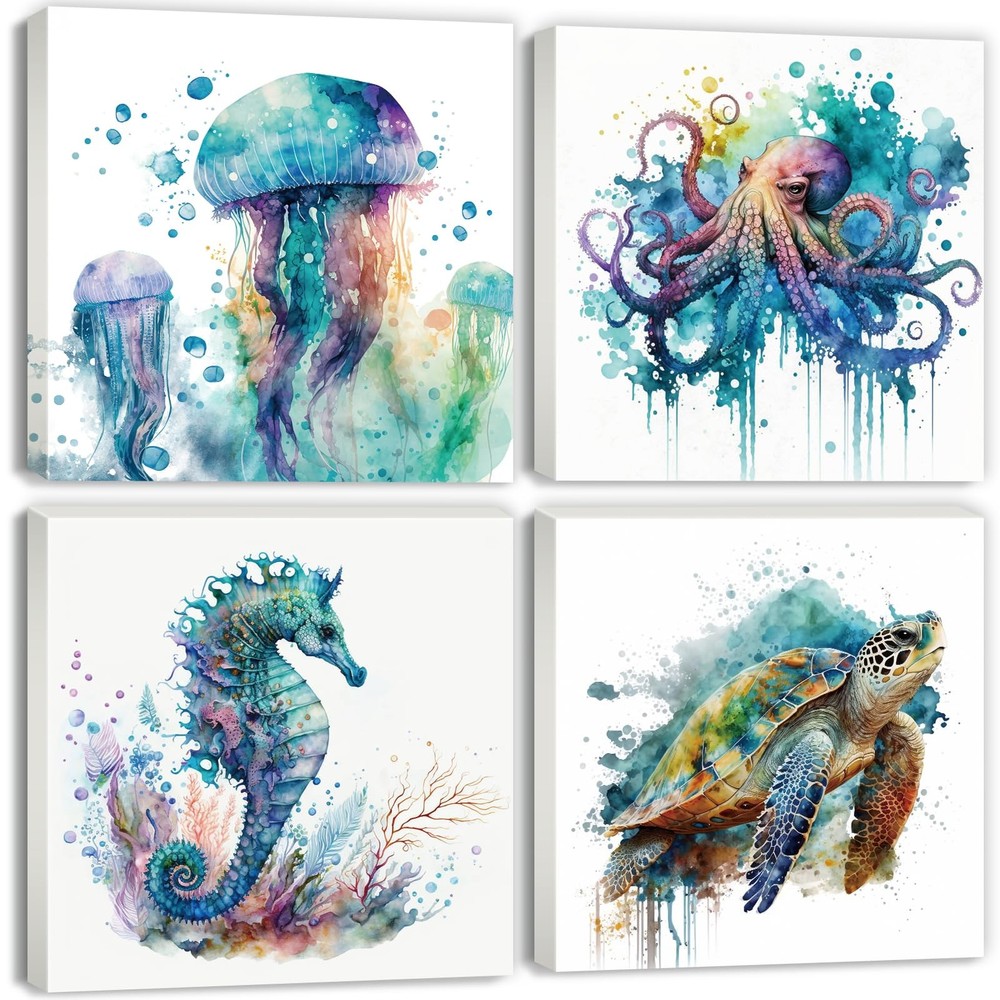 Watercolor Octopus Seaturtle Seahorse Jellyfish Wall Art Beach Bathroom Decor...