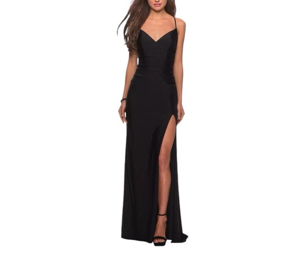 La Femme Cross Back Satin Jersey Trumpet Maxi Gown sz: 8 Black Formal Dress