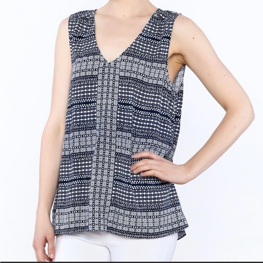 Tommy Bahama Navy Blue Geometric Print Sleeveless V-Neck Top Women's Small