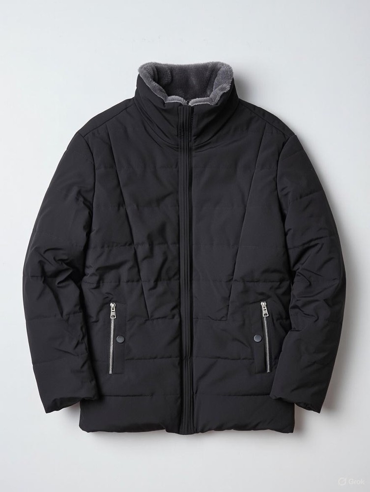 Men's Black Puffer Jacket Mid-Length Fleece Lined Zip Button Stand Collar Size M