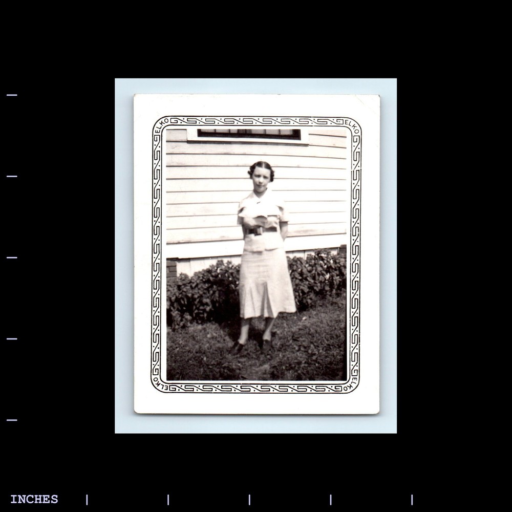 Old Vintage Photo WOMAN STANDING OUTSIDE HOUSE DECORATIVE BORDER