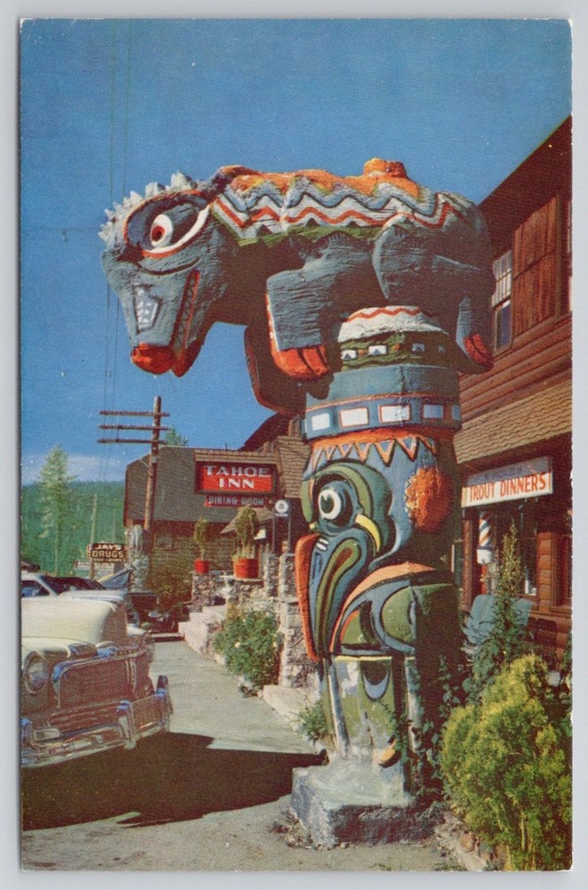 Vintage Totem Pole Tahoe Inn Postcard Tahoe City, California 1950s Spectra-Color