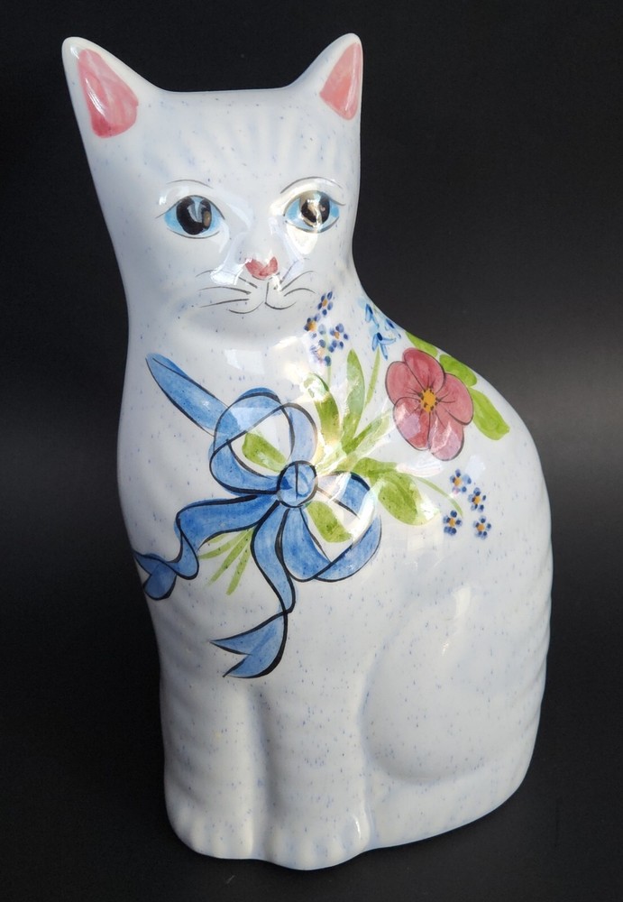 Guatin Ceramic Cat Figurine Hand Painted Floral Design Vintage