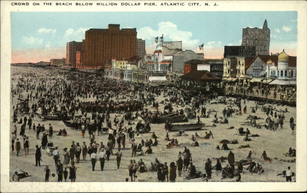 Crowded beach by Million Dollar Pier Atlantic City New Jersey ~ 1920s postcard