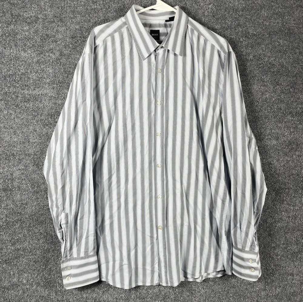 Hugo Boss Shirt Mens 2XL Gray Striped Button Up Long Sleeve Regular Fit Business
