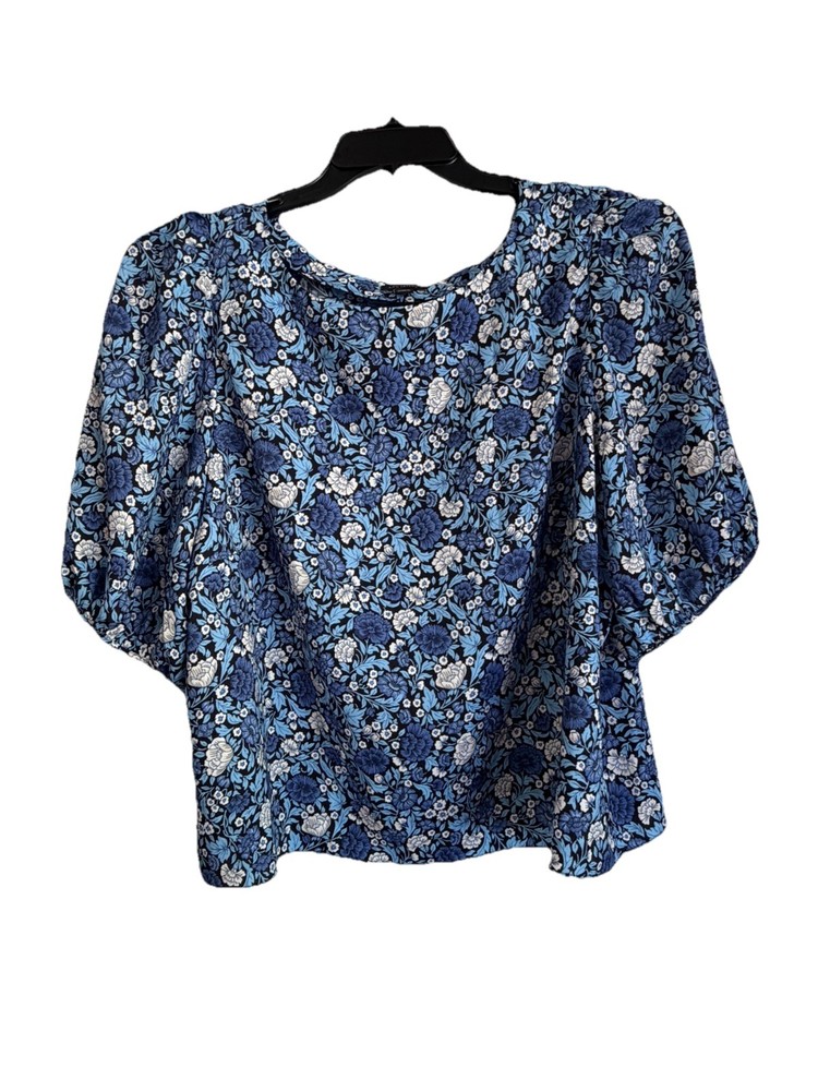 Vintage Ann Taylor Floral Print Blue Puff Sleeve Blouse Women’s XL Short Sleeve
