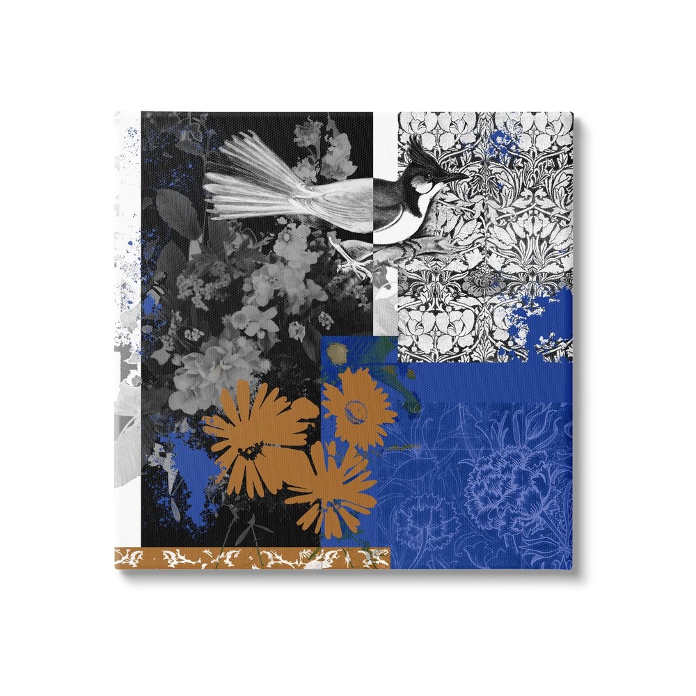Damask Patterned Jay Bird Collage Canvas Wall Art, Design by Melissa