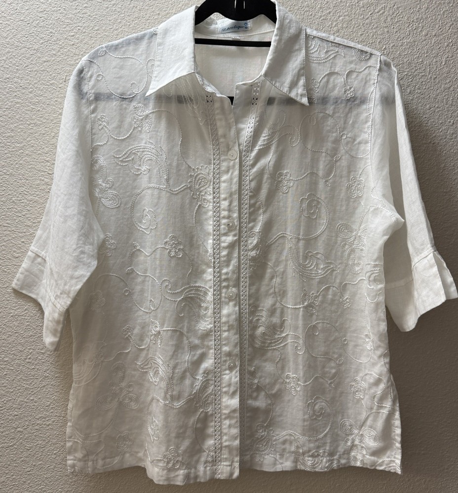 B. Boutique White Linen Embroidered Shirt Top L Boho Coastal Chic Eyelet Button