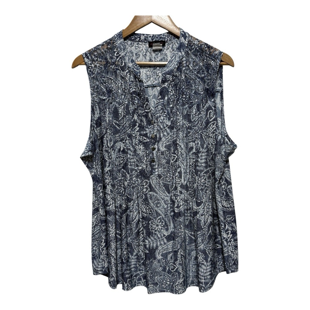 Cocomo Woman Blouse XL Blue Lace Animal Print Sleeveless Stretch Knit Tunic Top