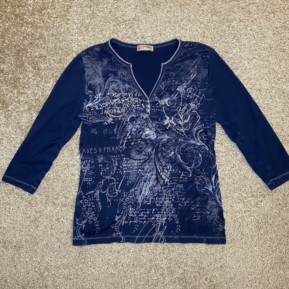 Vintage Y2K Blue Canyon Women's Quarter Sleeve Top, Size Large, 100% Cotton