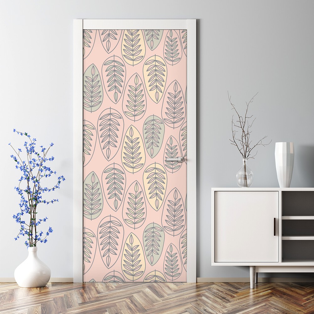 Stripy Pink Leaves Bubble Free Soft Delicate Minimalistic Artwork Door Sticker
