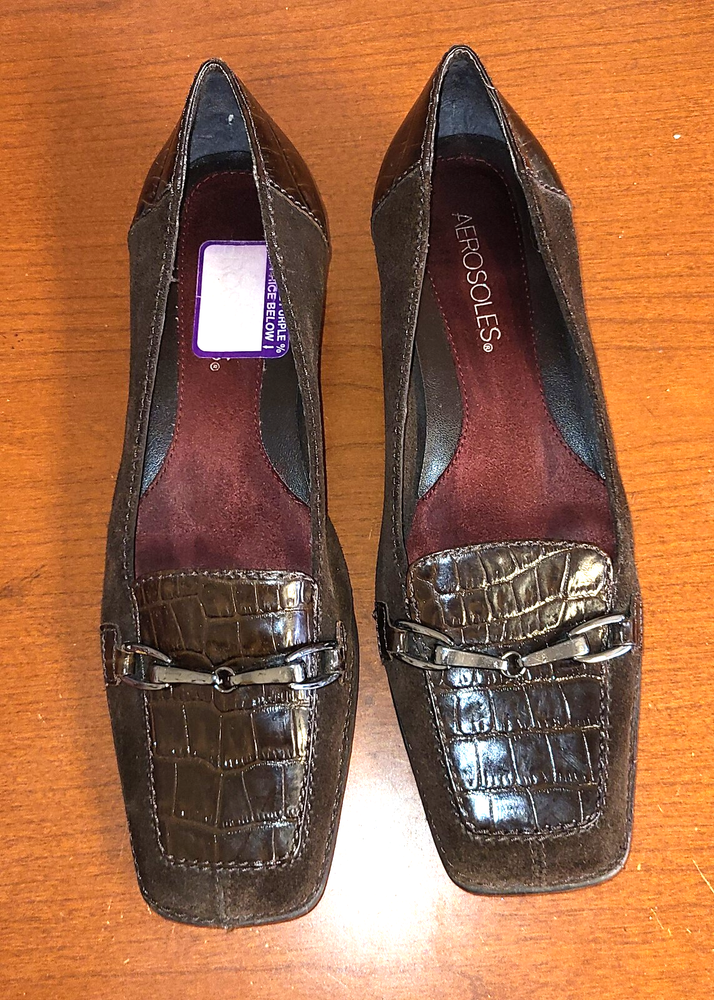 Aerosoles Women's Playfill Brown Croc Print Leather Wedge Loafers Size 7M