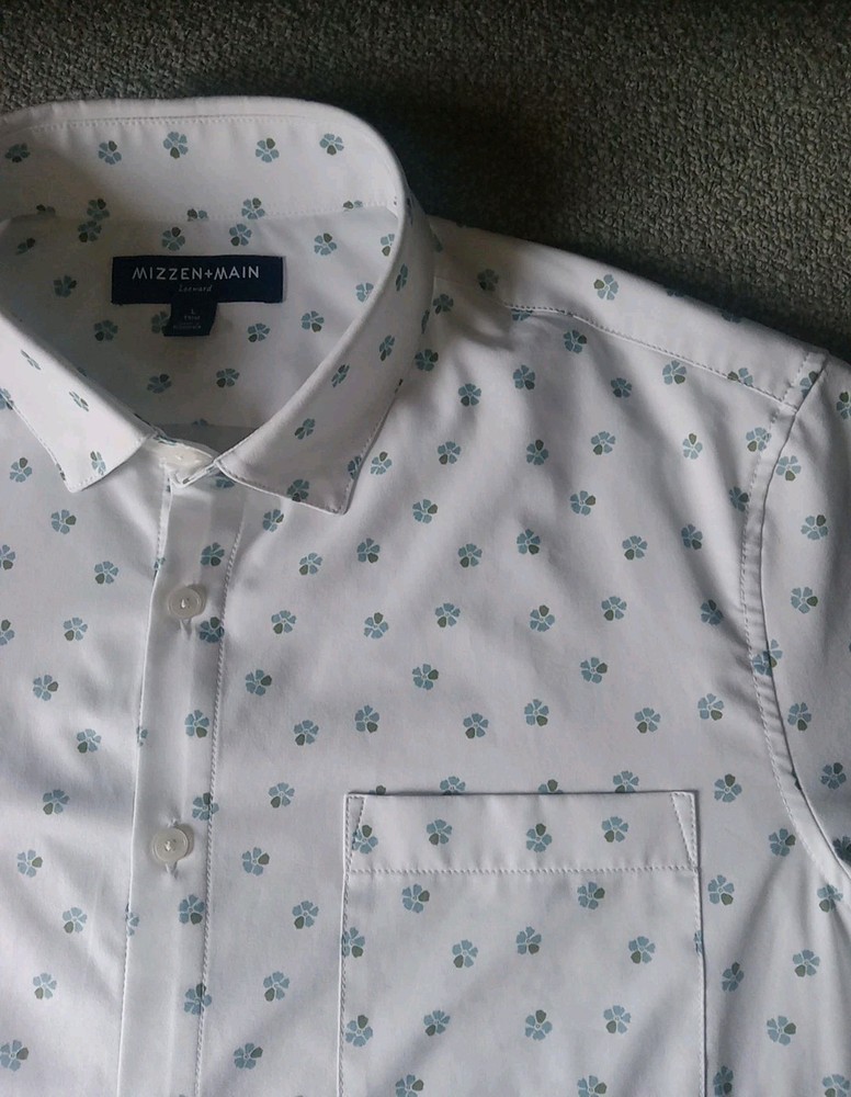 Mizzen + Main Leeward Shirt Men's L White Geometric Floral Trim Fit Short Sleeve