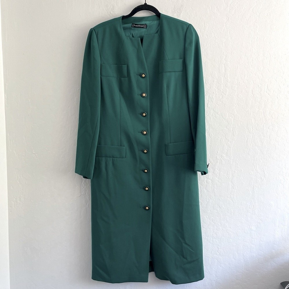 Vintage 90s Louis Feraud Dark Green Virgin Wool Black Midi Dress Womens Size 8