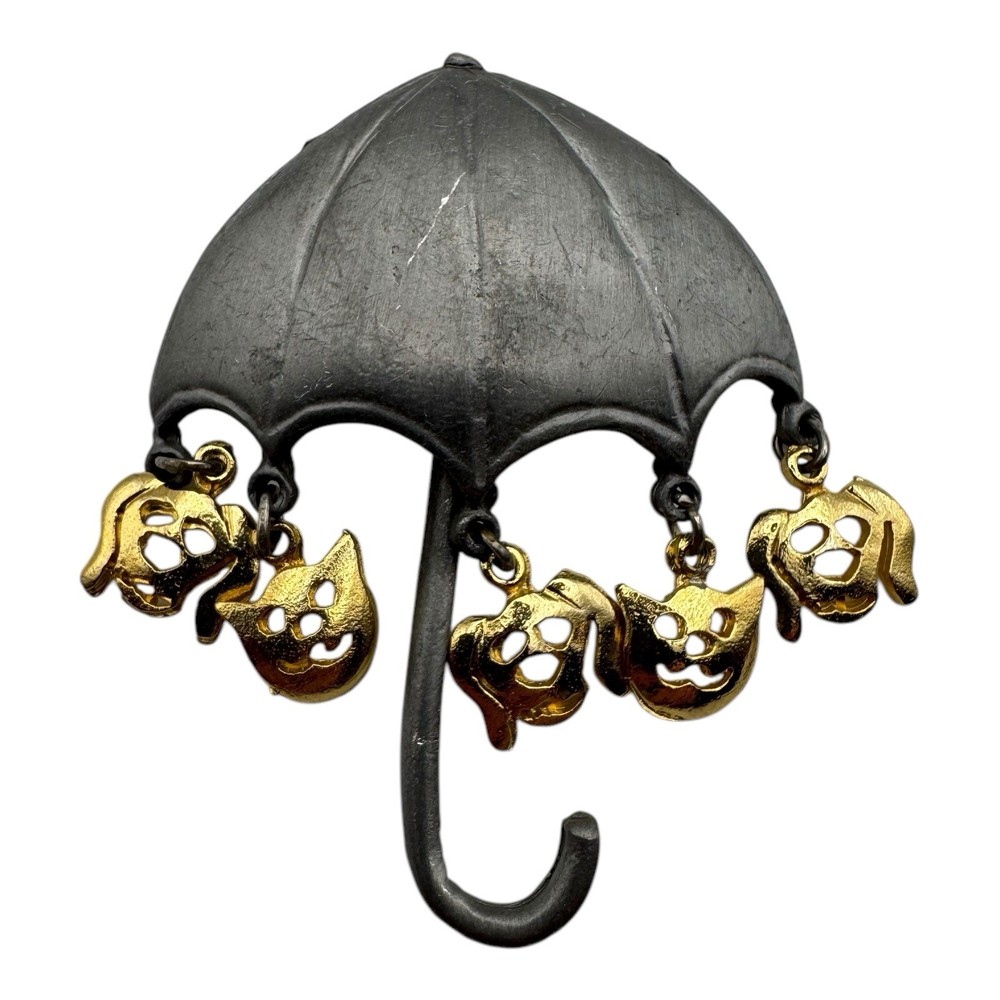 Vintage Ultracraft Raining Cats and Dogs Pewter Gold-Tone Umbrella Brooch
