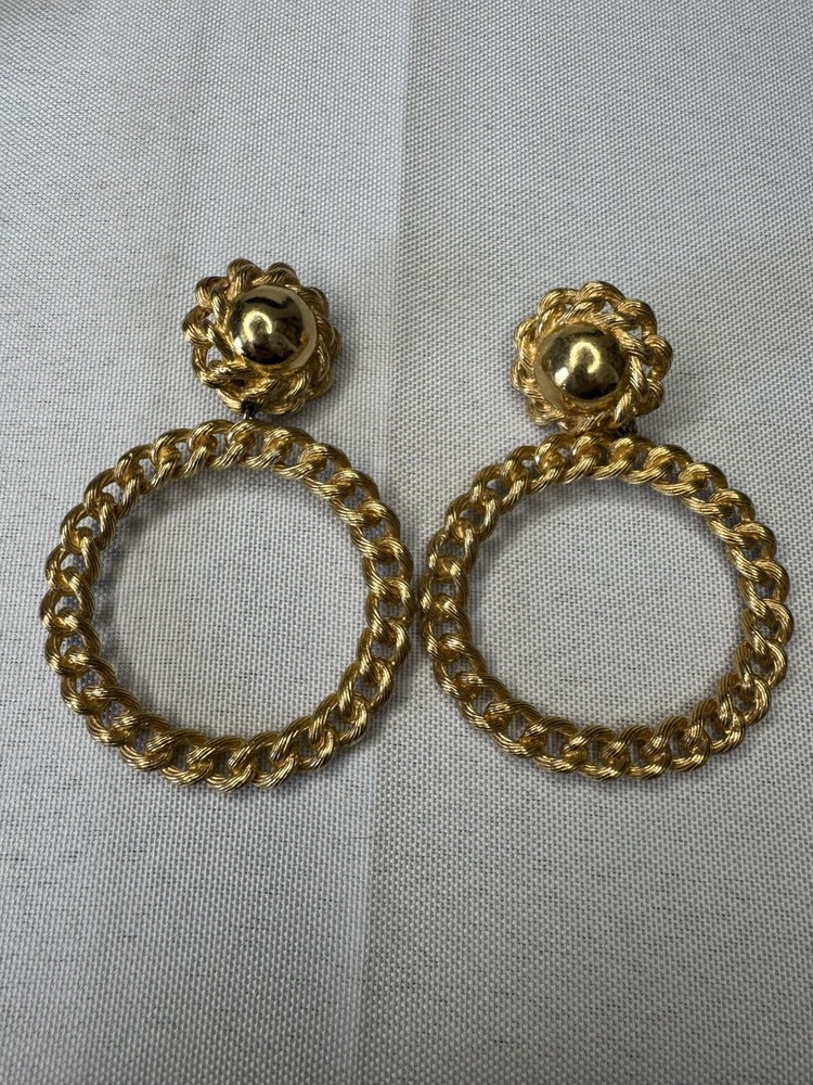 Vintage Christian Dior Gold Tone Hoop Loop Clip Earrings Rare Find