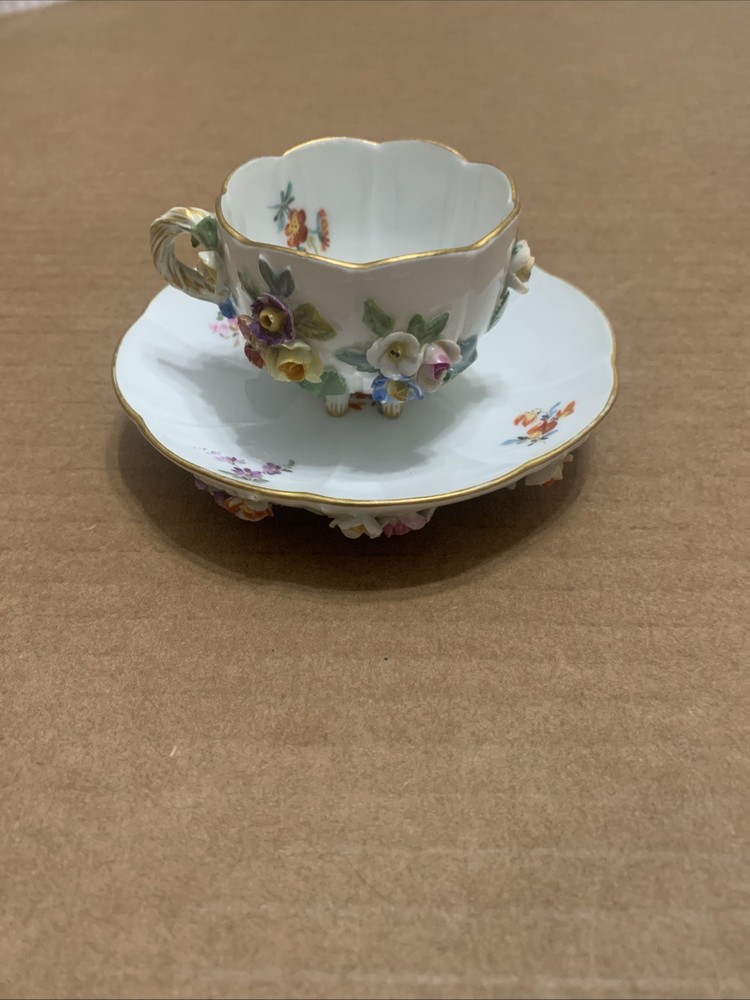 Meissen Porcelain Tea Cup and Saucer Set Encrusted Flowers Gold Trim