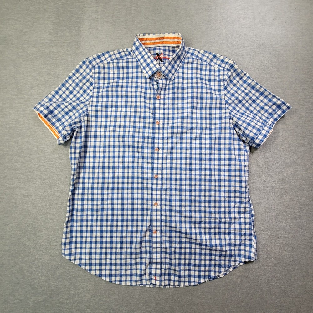 Robert Graham X Shirt Mens 2XL Blue Check Floral Tailored Fit Button Up Casual