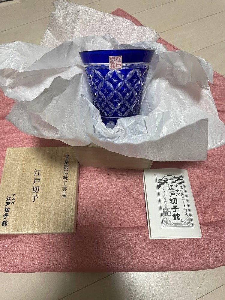 Sake Cup Edo Kiriko blue cut glass with wooden bo
