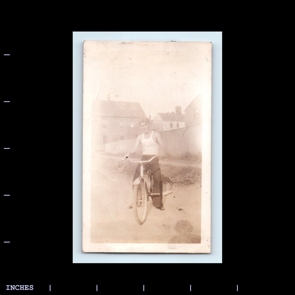 Old Vintage Photo MAN IN TANK TOP SITTING ON BICYCLE SHADOW