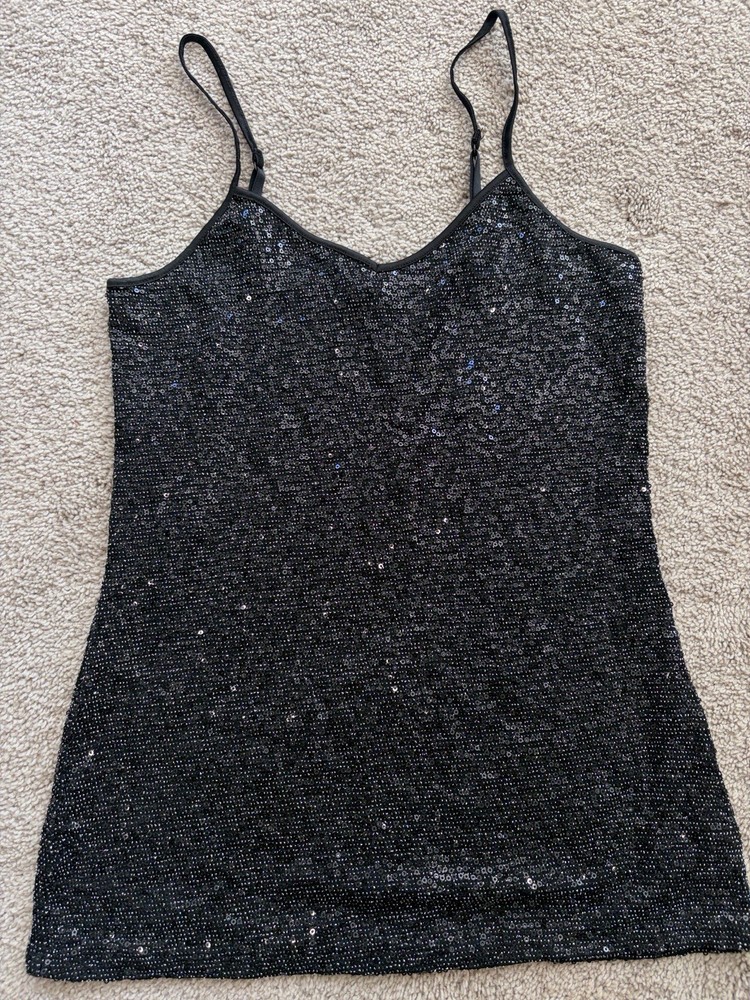 Express Women's Black Solid Sequin Spaghetti Strap Camisole Tank Top Size XS