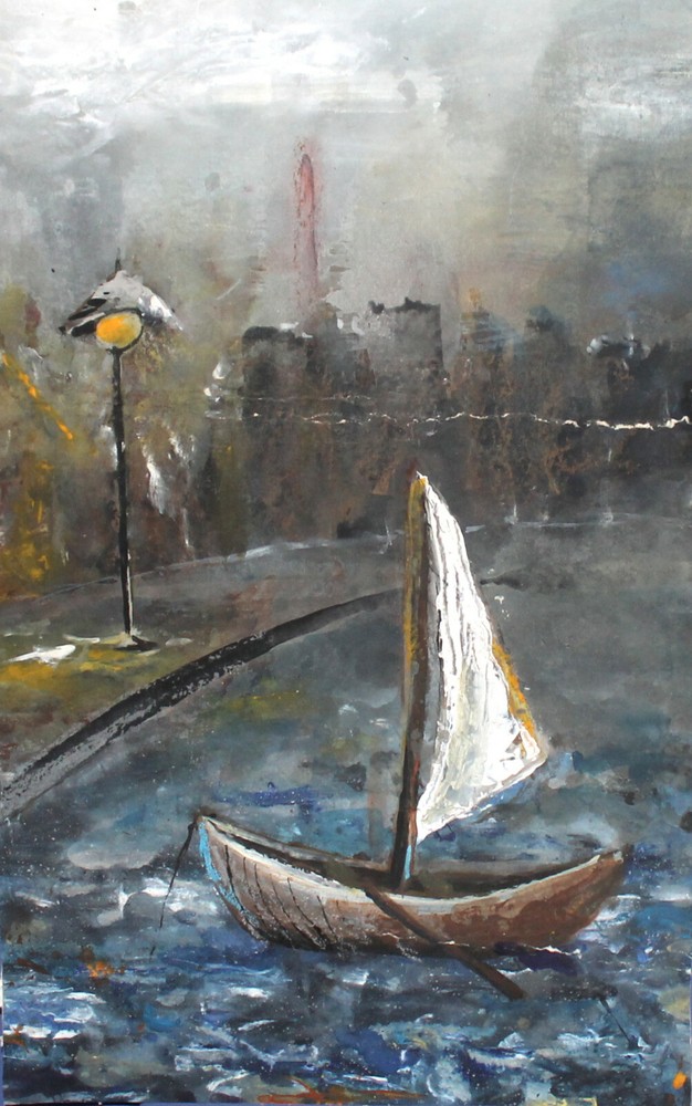 Vintage expressionist gouache painting landscape river boat