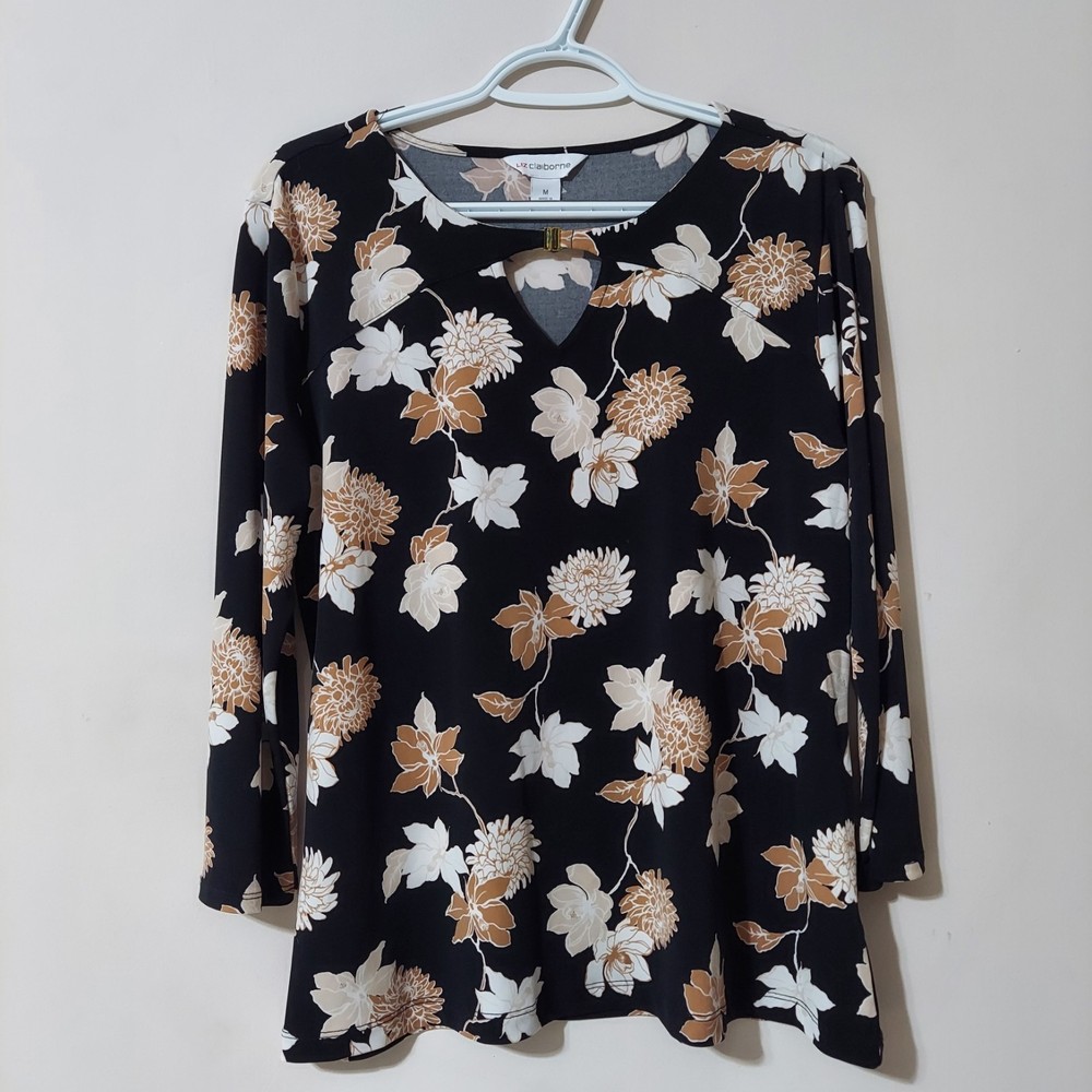 Liz Claiborne Women's Floral Print 3/4 Sleeve Stretch Keyhole Neck Top Size M