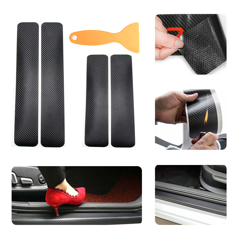 4pcs Carbon Fiber Car Door Plate Sill Scuff Cover Anti Scratch Sticker Protector