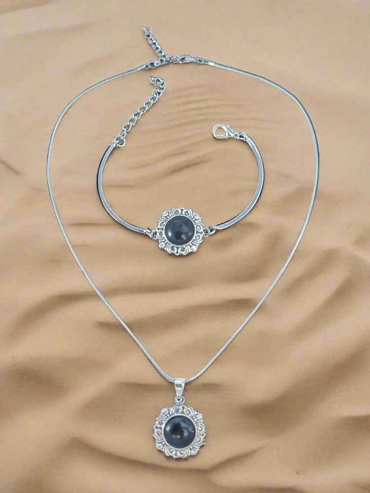 Black Stone Silver Snap Button Necklace and Bracelet Set