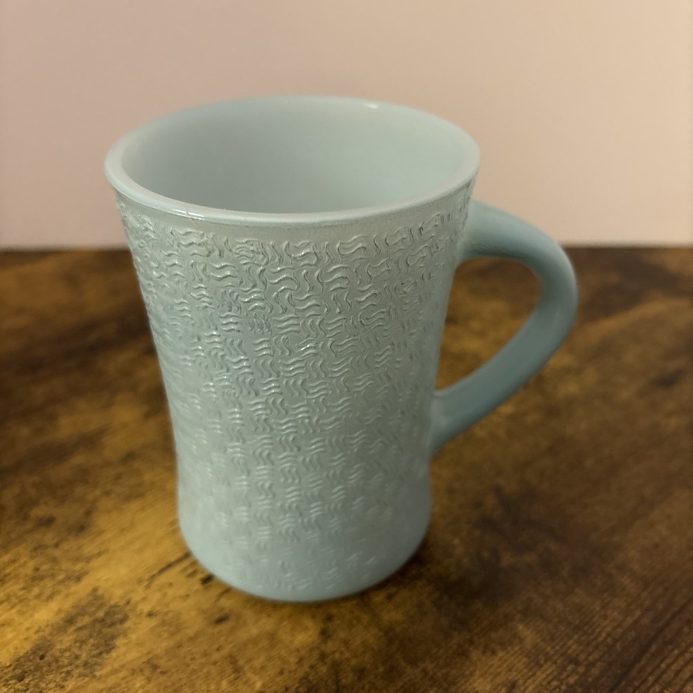 Vintage Glasbake J2277  Turquoise Textured Milk Glass Mug Basket Weave