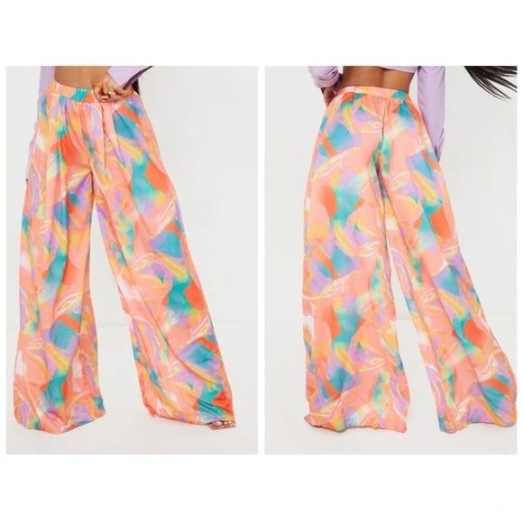 NWT Pretty Little Things Peach Abstract Palazzo Pants Beach Coverup Size 8-image