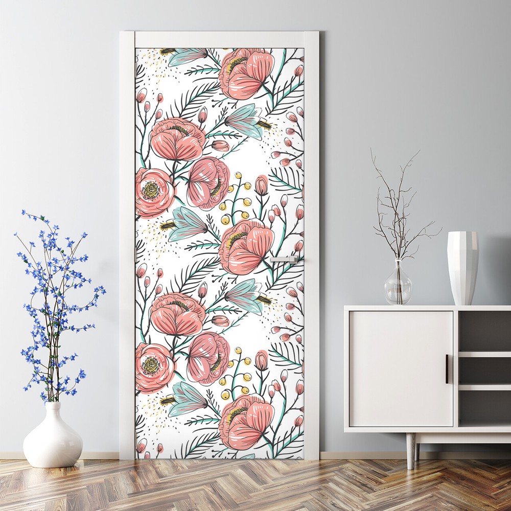 Bubble Free Door sticker Anemone Fall Floral Poppy Flowers self adhesive art