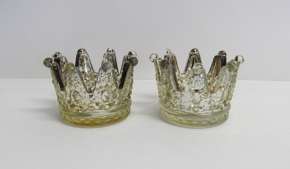 Pair of Mercury Glass Tea Light Votive Candle Holders - King, Queen Crowns - EUC