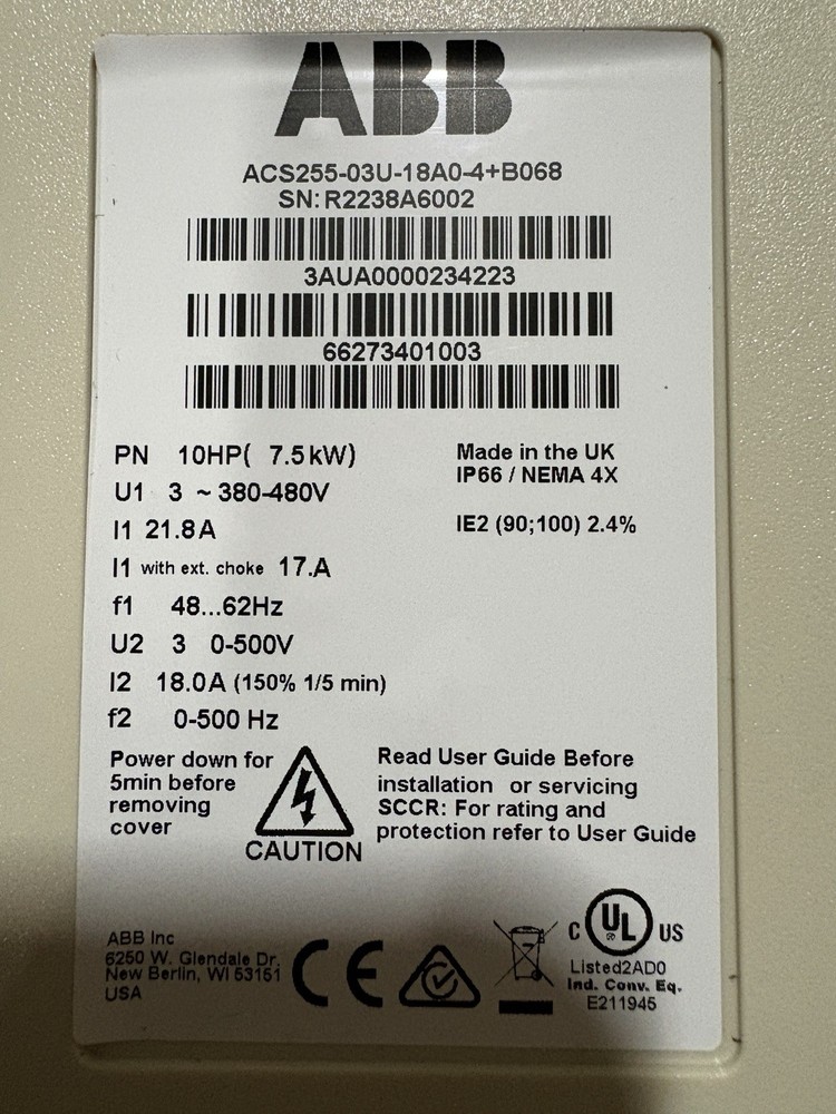 ABB ACS255-03U-18A0-4+B068 Variable Frequency Drive 10HP 7.5kW 380-480V IP66 3-…