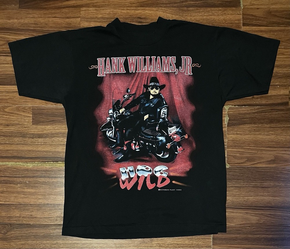 VTG Hank Williams Jr Large Graphic Shirt 90s Hog Wild Tour Promo Bocephus USA