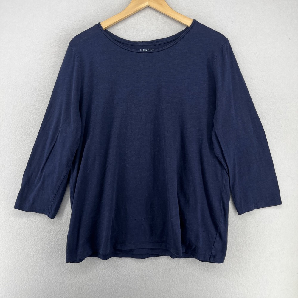 EILEEN FISHER Top XL Slub Organic Cotton Jersey Raw Neck Long Sleeve Navy Blue