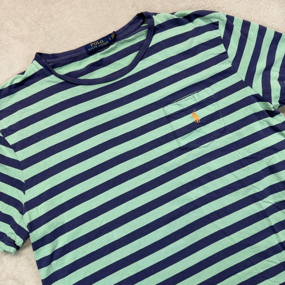 Polo Ralph Lauren Shirt Mens L Green Blue Striped Short Sleeve Stretch T-Shirt