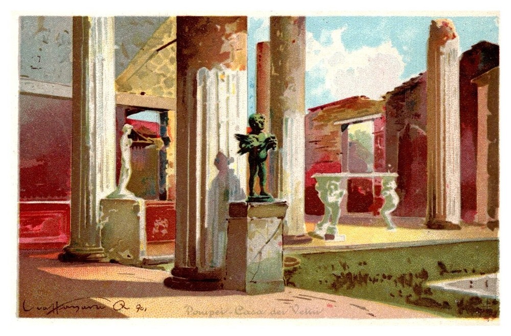 c1910 House of the Vetii Painting by Craffonara Pompeii Italy Vintage Postcard