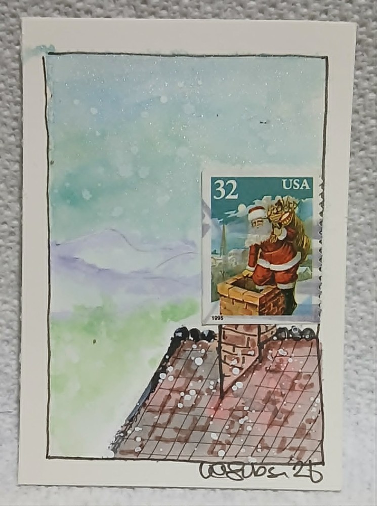 32¢ Santa by Chimney Postal Whimsy OOAK ACEO Loose Watercolor by Virginia