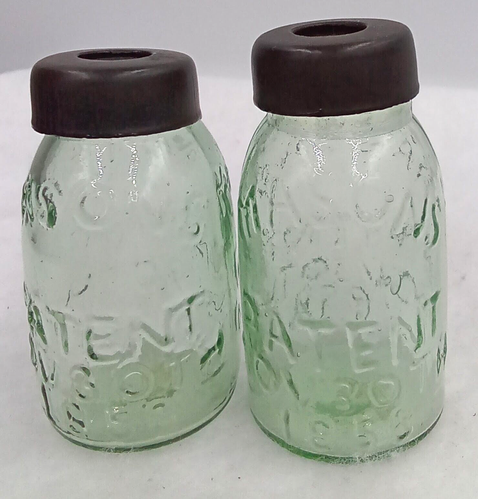 Repro Miniature Mason Jars Figurines Vase Home Decor Green Black Caps Set of 2
