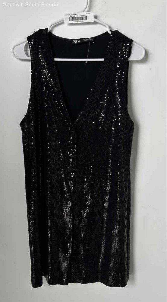 Zara Womens Black Sequin Sleeveless Mini Vest Dress Size Small