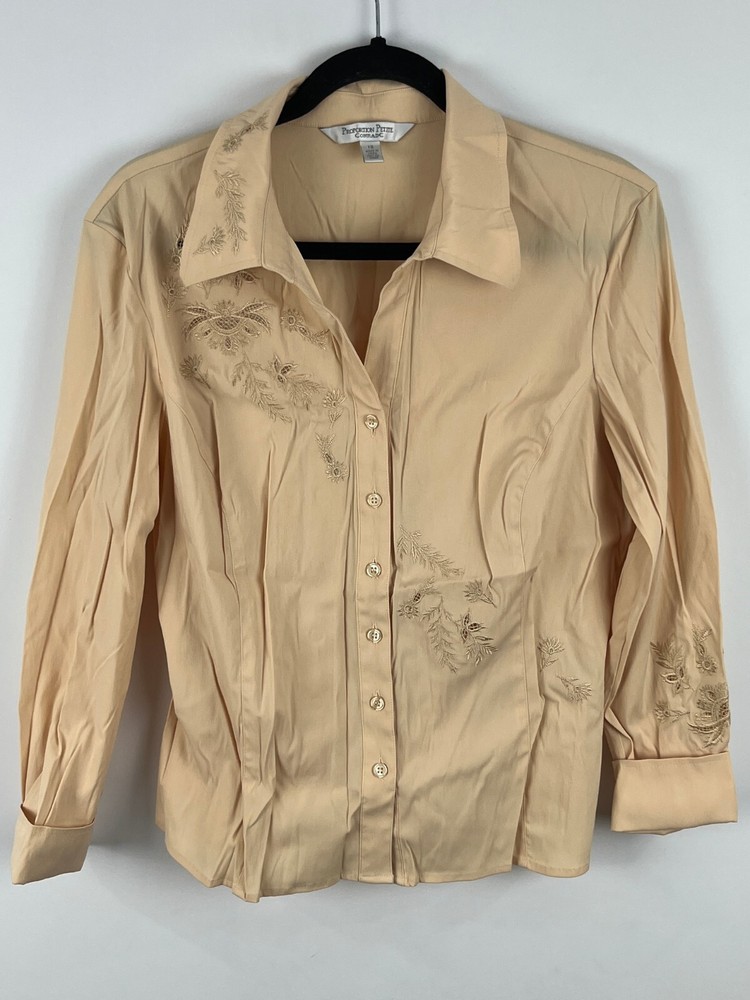 Conrad C Top Blouse Size 12 Beige Floral Long Sleeve Collared Button Down