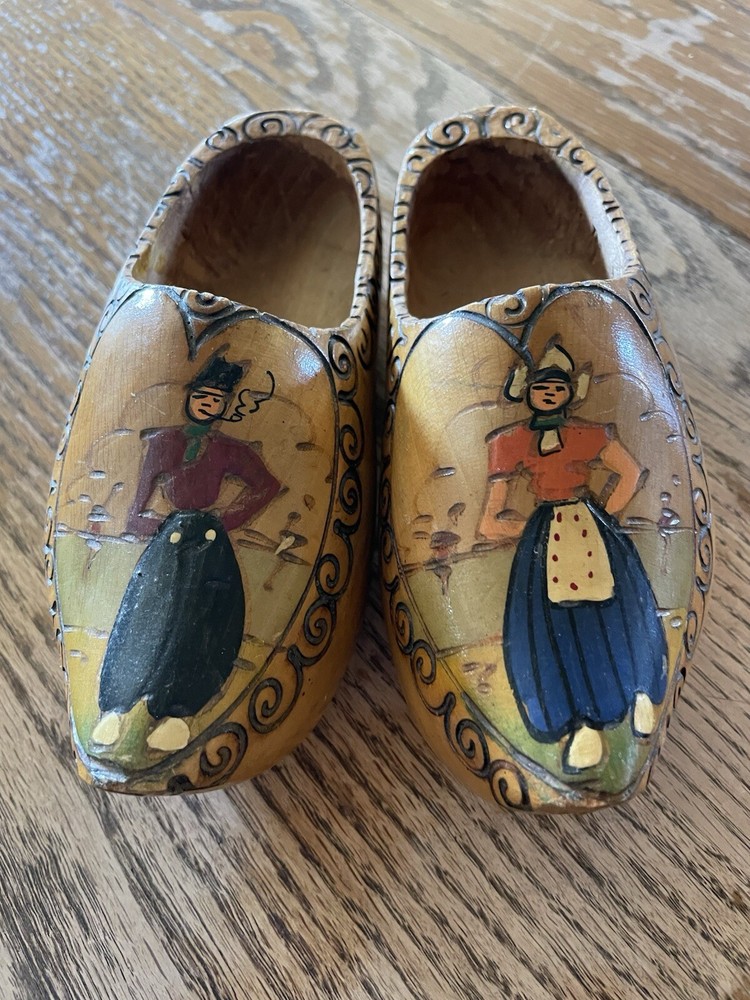 Vintage Wooden Dutch Clogs Shoes Hand Carved Painted in Holland Decor