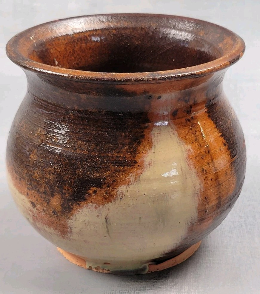 Abstract Redware Clay Vase Brown White Glaze Studio Art Pottery Marked 3.5 Inch-image